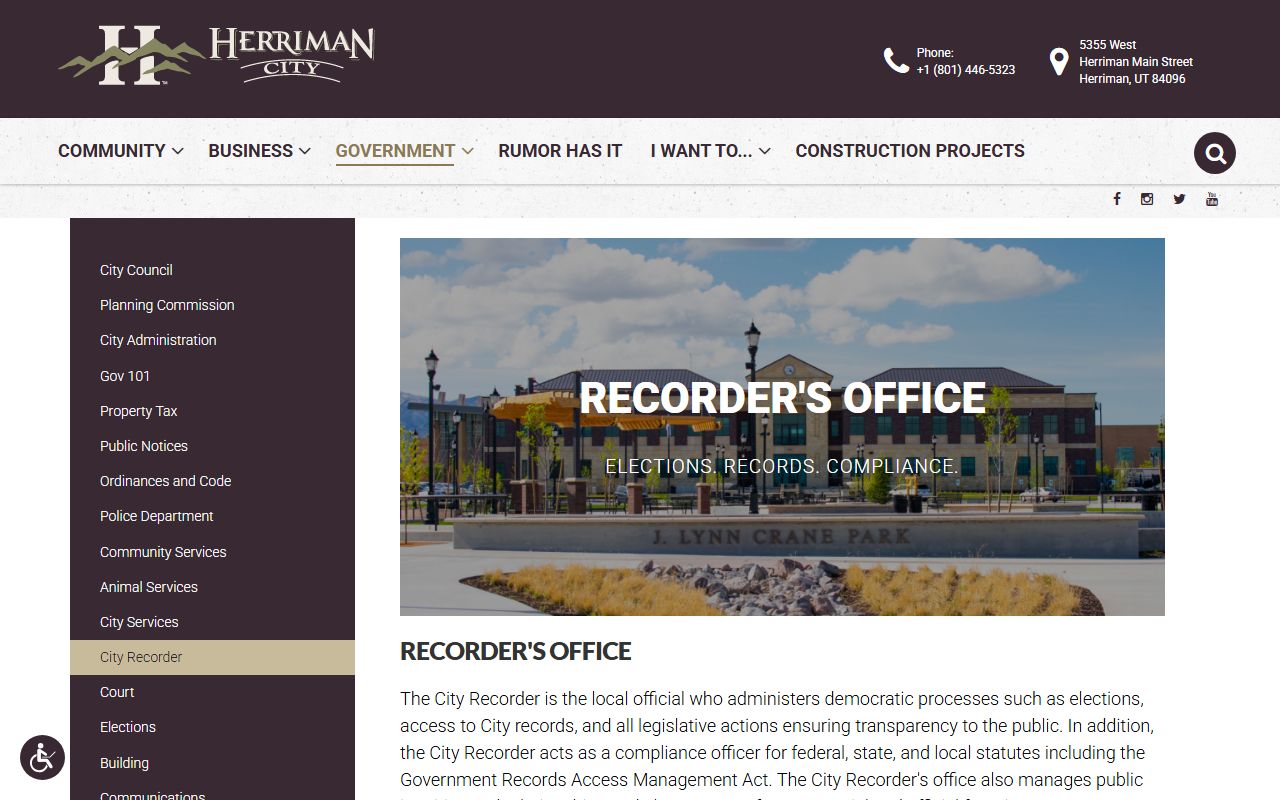 Herriman City Recorder office portal for Herriman property records