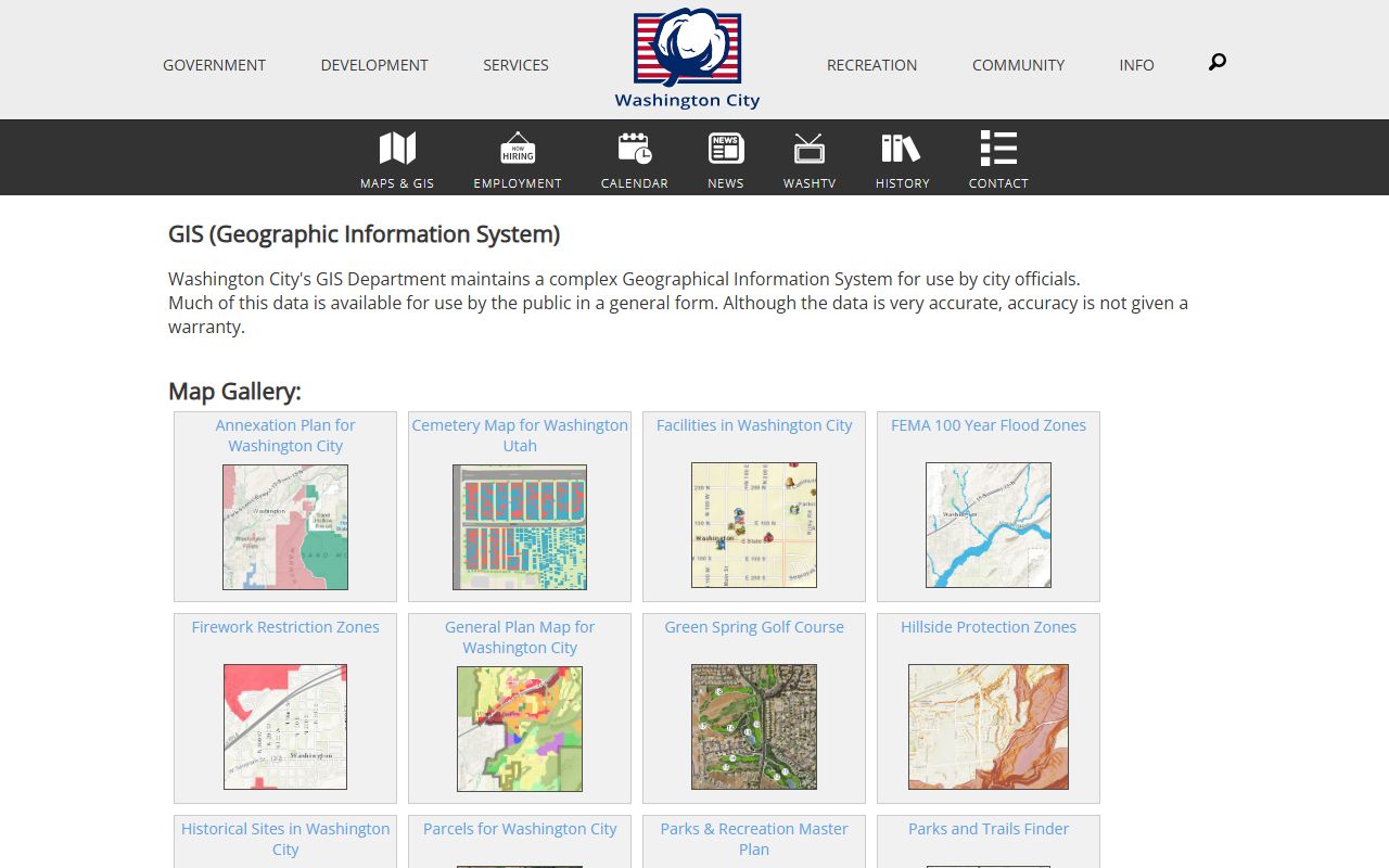 Washington City online maps page showing property and zoning data