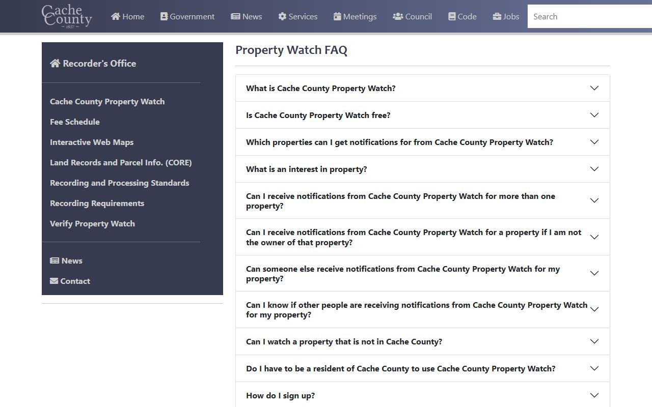 Cache County Property Watch service for monitoring property records