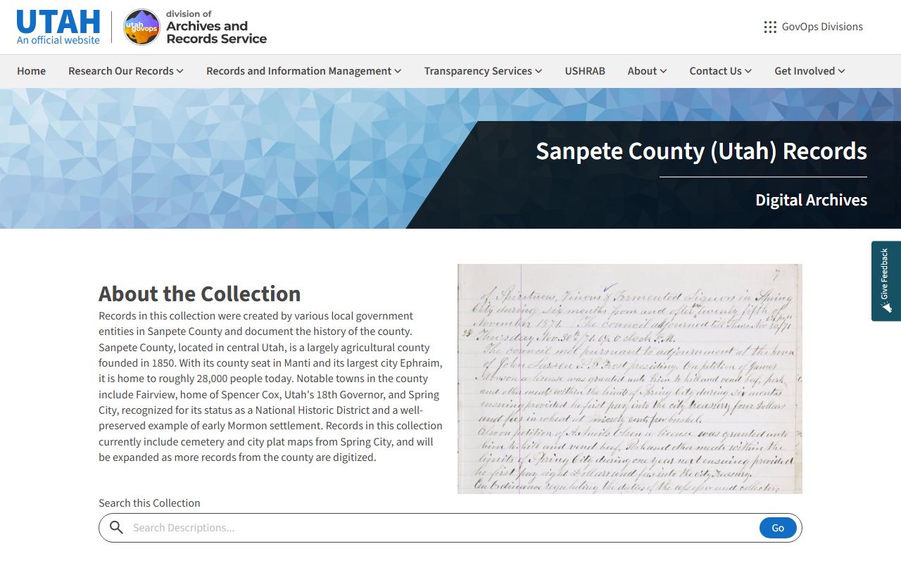 Utah Division of Archives historical records guide for Sanpete County property records