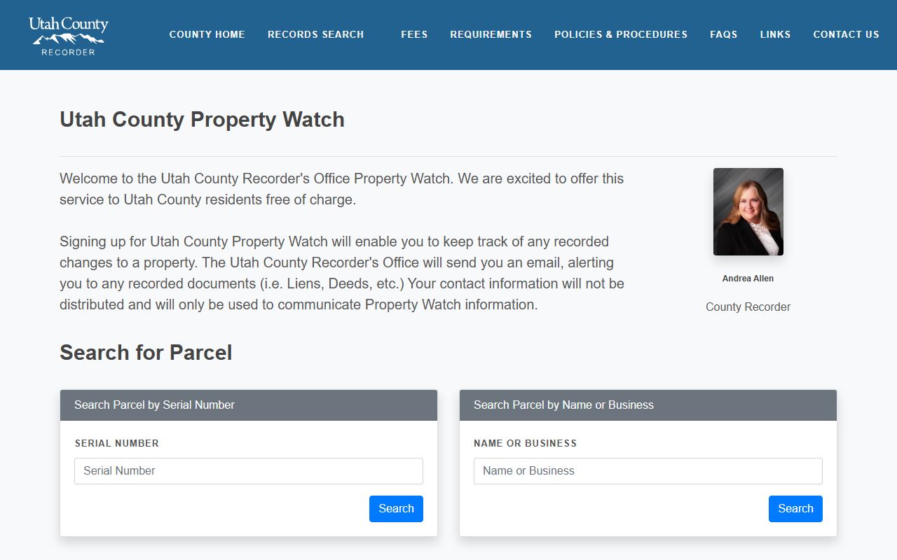 Utah County Property Watch portal for monitoring Orem property record activity