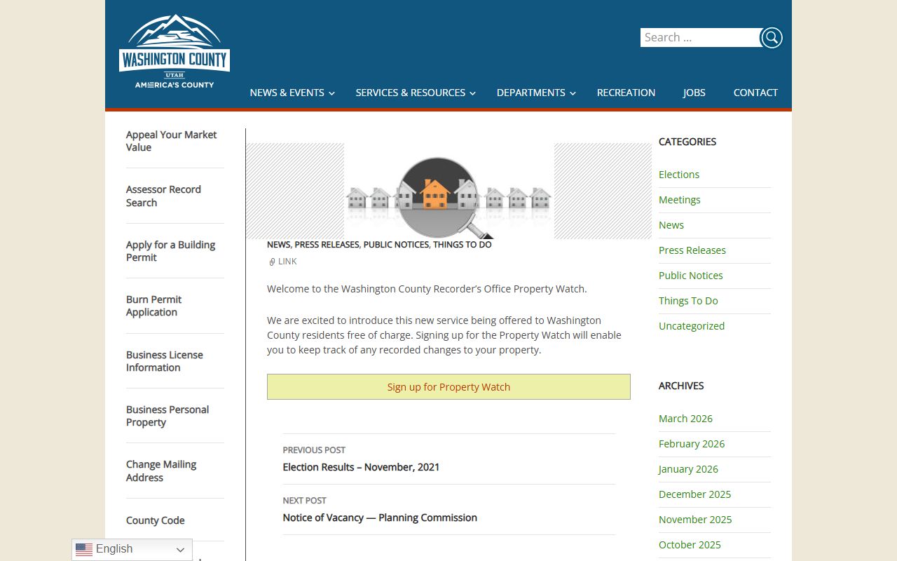 Washington County Property Watch sign-up page for Washington County property records monitoring