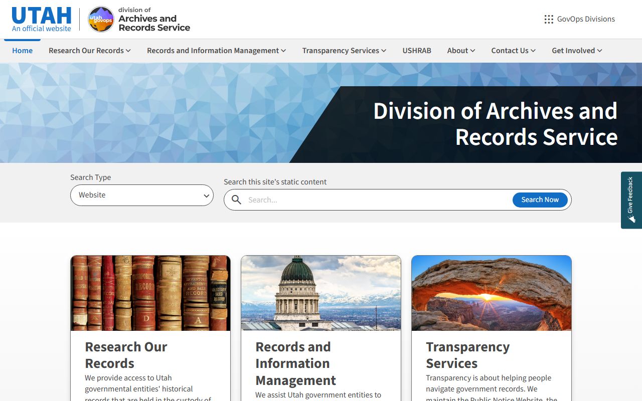 Utah Division of Archives and Records Service website for historical Utah property records research